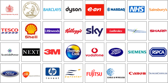 Grafisk visning av logotyper från företag som använder Galleon-produkter